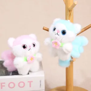 Adorable plush cat pendant detail view, soft fluffy material, charming flower collar design.