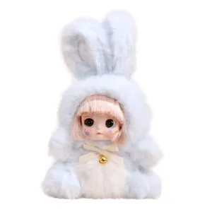 Grazioso ciondolo bambola coniglietto peluche viso vinile, portachiavi pigiama coniglio blu.
