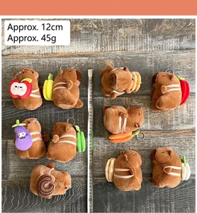 Cute capybara plush keychain with vegetables back design, soft stuffed animal bag charm toy.