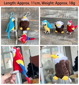 Detailed view of cute plush bird keychain, showing size reference and multi-angle product features.