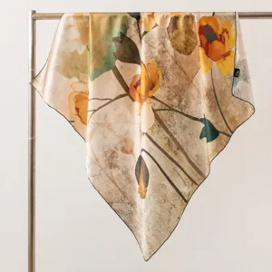 Mulberry Silk Scarf For Women Vintage Floral Printed Square Neck Scarf Fashion Designer Style Luxury Head Scarf