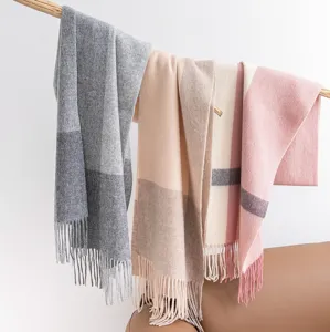 Luxurious wool winter plaid scarf for men and women, thick warm color block tassel wrap.