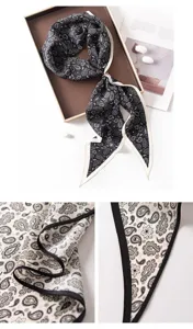 Silk diamond scarf with classic paisley pattern, elegant black border, neck protection.
