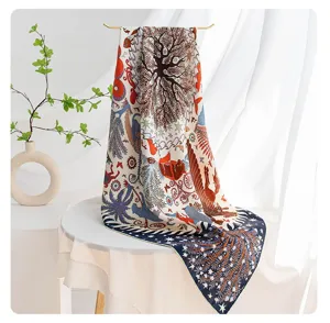 Detailed view of a luxury silk square scarf with intricate nature print and elegant drape.