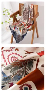 Luxury mulberry silk large square scarf for women, elegant floral and animal pattern shawl.