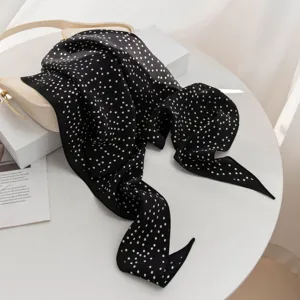 Elegant black silk scarf with white polka dots, versatile neckerchief for women's daily commute.
