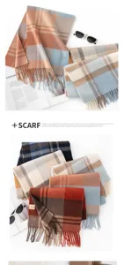 Detailed shot of cozy winter plaid wool scarves with fringe, soft fabric and stylish color blocking.