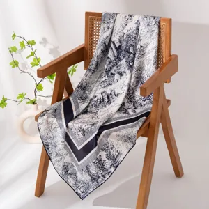 Exquisite silk square scarf with classic pastoral landscape print, elegant scenic detail.