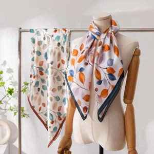 Elegant watercolor leaf print silk square scarf for women, stylish neckerchief shawl wrap.