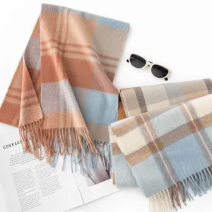 Winter Thickened Wool Scarf Women Men Versatile Plaid Color Block Tassels Warm Long Neck Scarf Fashion Casual Cold Weather