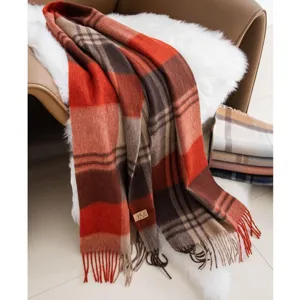 Cozy winter wool plaid scarf for men and women, thick warm retro tassel neck wrap.