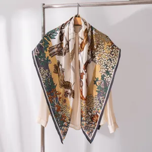Luxury silk square scarf with elegant floral and equestrian harness print, elegant accessory.