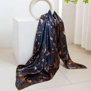 Elegant mulberry silk square scarf with intricate vintage floral bird pattern detail.