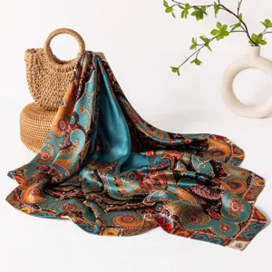 Elegant silk square scarf featuring vibrant paisley baroque print, luxury neck wrap.