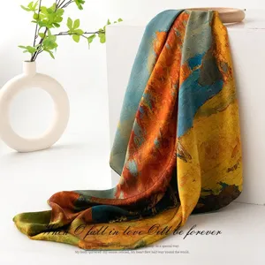 Exquisite silk scarf detail showing artistic oil painting print, elegant summer neckerchief.