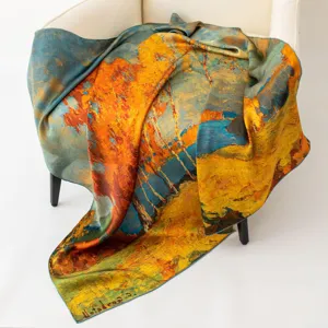 Detail view of artistic oil painting silk scarf draped elegantly on chair, premium texture.