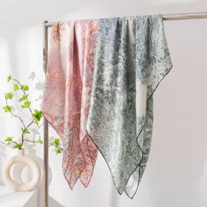 Luxury silk square scarf with botanical plant print, elegant women neckerchief accessory.