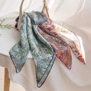 Silk scarf floral botanical print elegant neckerchief multi-use fashion accessories for women