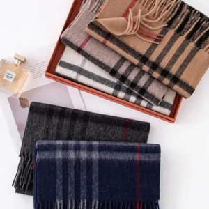 Women winter warm wool scarf classic plaid design fashion cozy tassel shawl detailed view.