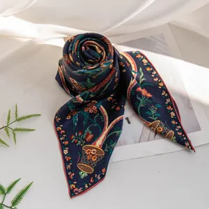 Detailed view of dark blue silk scarf featuring elegant floral basket print for women.