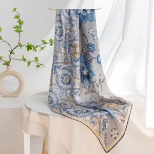 Elegant silk square scarf featuring blue floral paisley print for women fashion daily wear