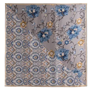 Elegant silk square scarf featuring dual floral and paisley prints. Perfect neckerchief accessory.