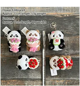 Cute panda plush keychain pendant holding flower bouquet, soft stuffed animal bag charm ornament.