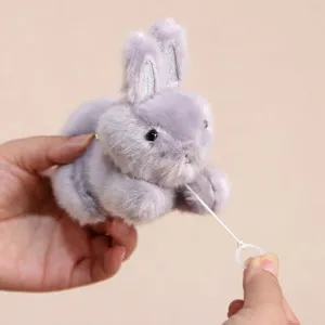 Grey plush rabbit pendant cute stuffed animal toy with pulling string for girls gift.