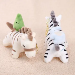 Cute zebra plush toy keychain with small back decor, soft stuffed animal bag charm accessory.