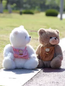 Detailansicht niedlicher Teddybären Plüschpuppen mit abnehmbaren Mini-Rucksäcken im Park.