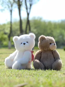Detailansicht süßer Plüsch Teddybär mit abnehmbarem Rucksack. Weiches Spielzeug für Kinder.