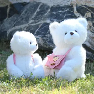 Detailaufnahme von süßen weißen Plüschteddybären mit rosafarbenem Rucksack im Gras.