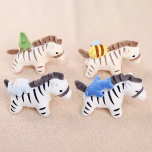 Cute plush zebra keychain with small animal pendants, soft stuffed toy bag accessory.