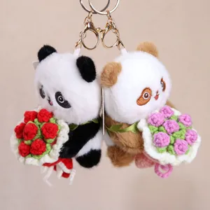 Cute plush panda keychain holding flower soft toy bag charm and lovely accessory for use