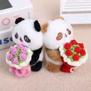 Cute handmade crochet flower panda plush keychain, soft toy bag charm pendant accessory.