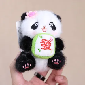 Cute panda plush toy pendant holding mahjong tile with pink flower bag charm key chain soft doll