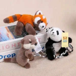 Cute plush animal phone holder with strap, featuring red panda, otter, and panda designs.