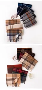 Luxurious cashmere plaid scarf for autumn winter, classic tartan design with fringe edges.