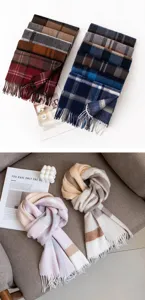 Classic plaid cashmere feel winter scarf with tassels, thick warm couple shawl for cold weather.