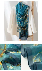 Silk scarf fabric detail close-up, retro artistic blue print, lightweight sheer texture.