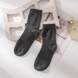 Dark grey ribbed wool blend mid-calf socks for autumn and winter, cozy unisex design.