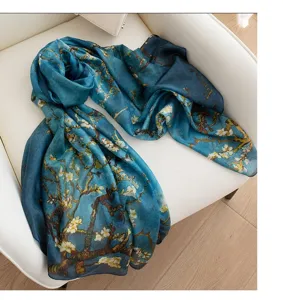 Blue silk scarf with almond blossom art print, elegant long wrap for women, vintage style shawl.
