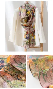 Detailed view of vintage floral silk scarf, premium mulberry silk long wrap shawl for women.