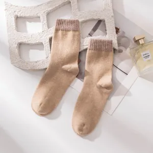 Cozy winter thick wool blend mid-tube socks in camel khaki color, soft fleece-lined texture.