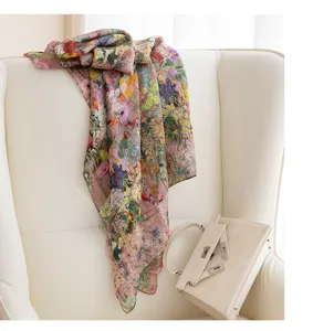 Vintage floral silk scarf for women, elegant long wrap shawl, aesthetic fashion accessory.