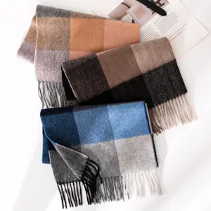 Winter Warm 100% Wool Scarf Unisex Classic Plaid Colorblock Tassel Fringe Long Fashion Soft Cozy Winter Neck Scarf