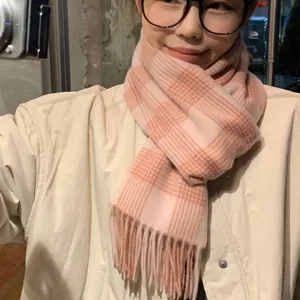 Cozy pink plaid winter scarf for women, soft thickened warm tassel neck wrap stylish.