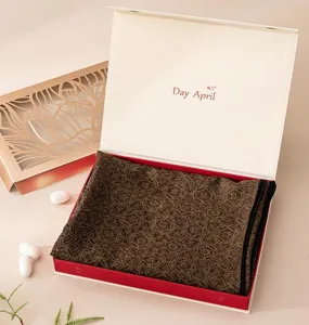 Luxurious mulberry silk square scarf detail showing elegant chinese style pattern inside a gift box.
