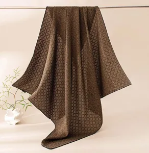 Luxury brown silk square scarf with classic monogram pattern elegant women shawl and gift wrap.