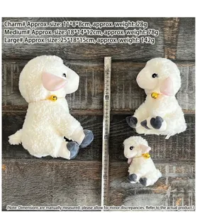 Detailed size chart showing small, medium and large cute sheep plush toys with measuring tape.